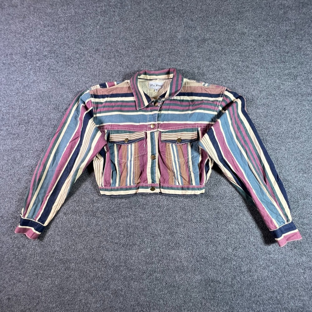 Vintage Paris Blues Cropped Jacket Women's M Blue Denim Striped Workwear Travel